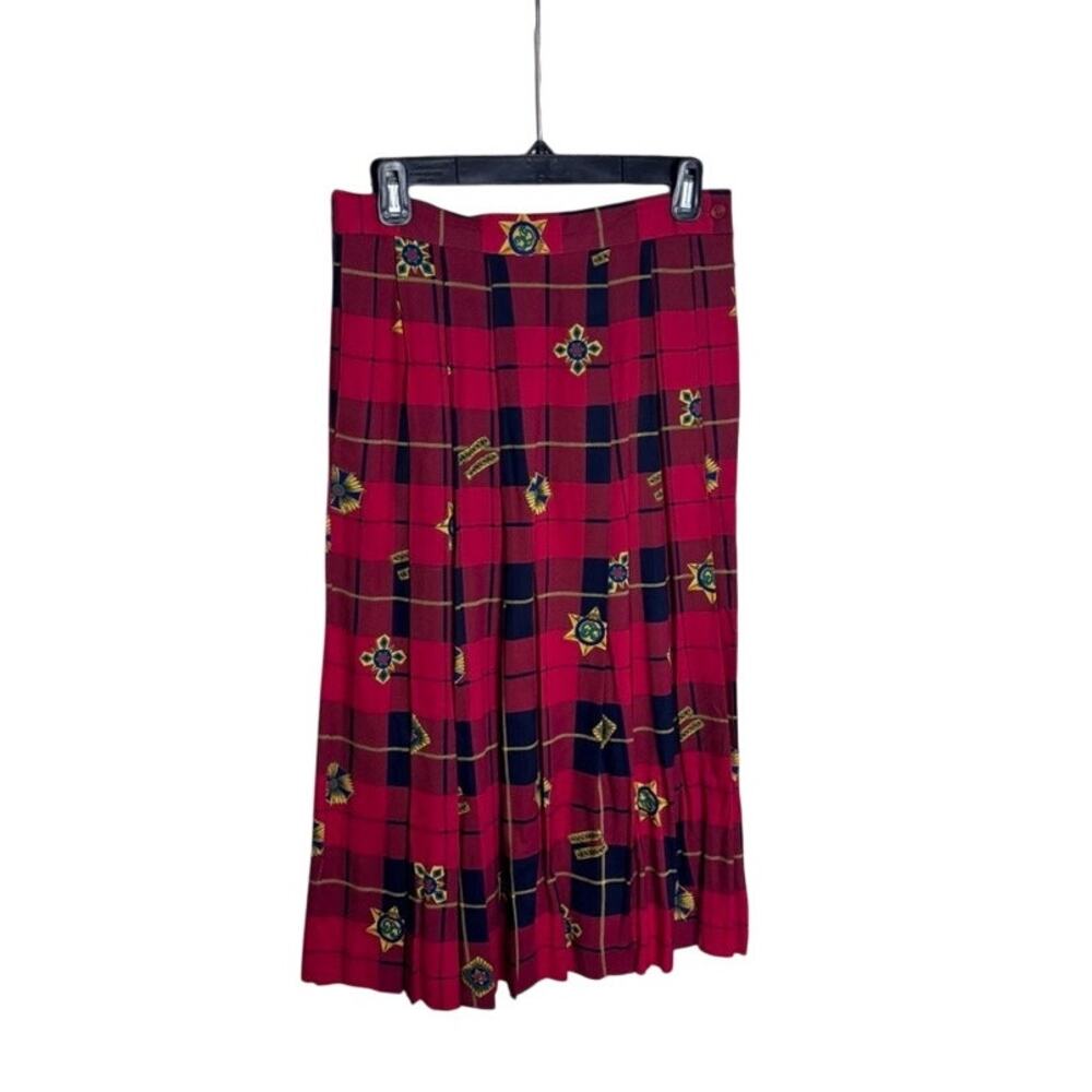 Chaus Petite Pleated Midi Skirt Red Gold Tartan Made in Japan 10- Vintage